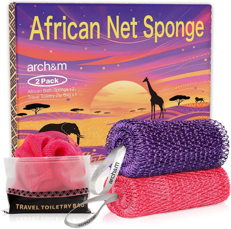 ARCH&M African Net Sponge Authentic Exfoliating - Exfoliating Body Scrub Bath Sponge Back Scrubber Washcloth for Shower Toiletry Bag Real Afroscrub Exfoliator Bathing Care Accessories Purple + Pink - Image 1